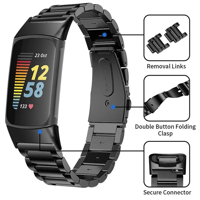 3 Beads Stainless Steel Double Button Folding Clasp Replacement Wrist Strap Watch Band for Fitbit Charge 6 / 5 - Black - 5