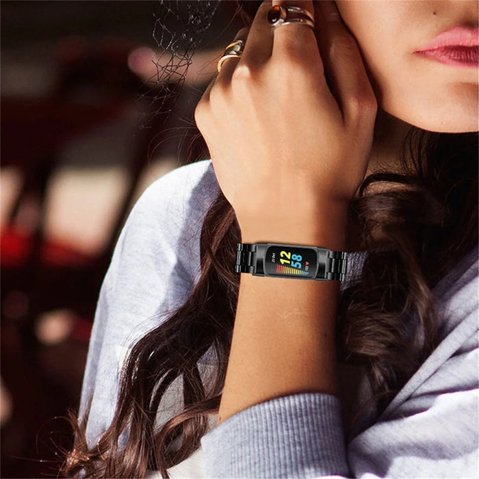 3 Beads Stainless Steel Double Button Folding Clasp Replacement Wrist Strap Watch Band for Fitbit Charge 6 / 5 - Black - 6