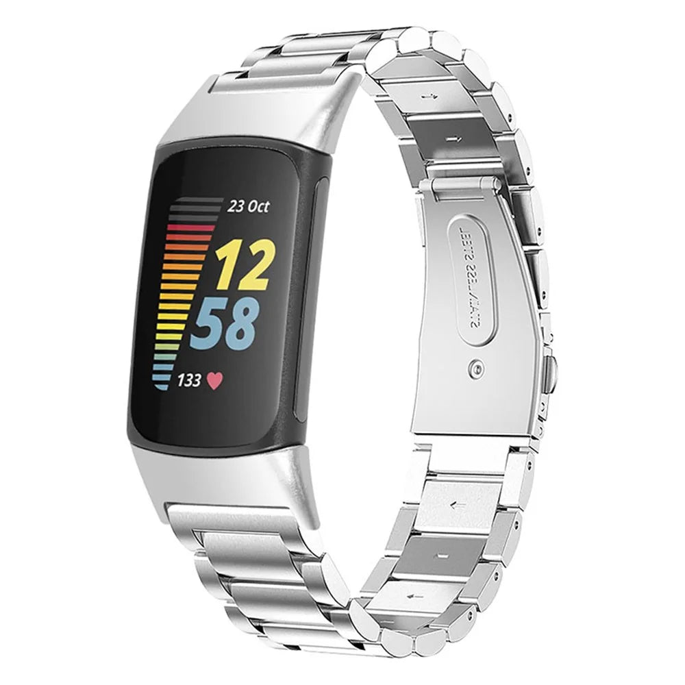 3 Beads Stainless Steel Removal Links Design Replacement Wrist Strap Watch Band for Fitbit Charge 6 / 5 - Silver - 2