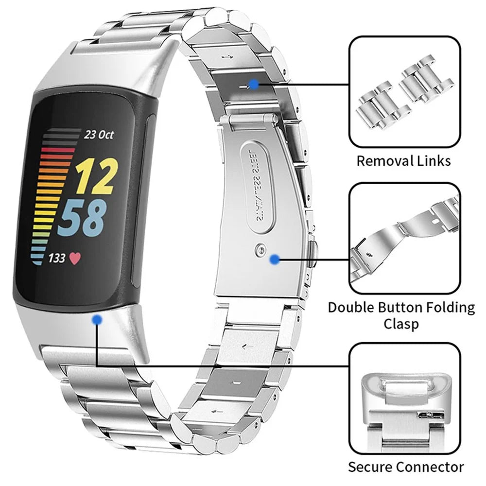 3 Beads Stainless Steel Removal Links Design Replacement Wrist Strap Watch Band for Fitbit Charge 6 / 5 - Silver - 5