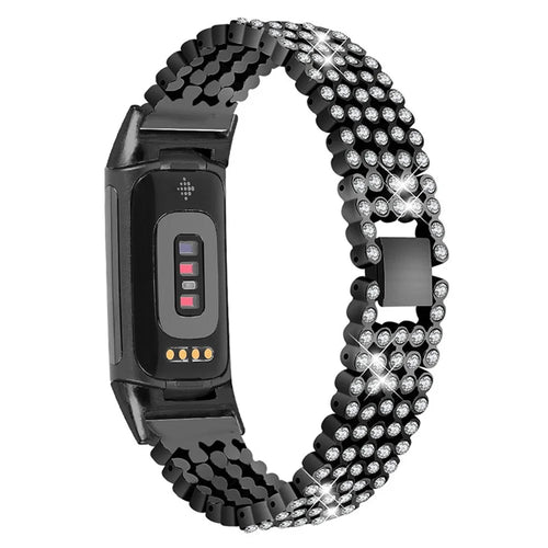 Stainless Steel Rhinestone Decor Replacement Smart Watch Strap Wrist Band for Fitbit Charge 6 / 5 - Black - 1