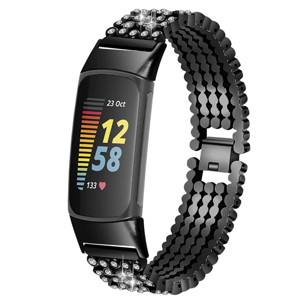 Stainless Steel Rhinestone Decor Replacement Smart Watch Strap Wrist Band for Fitbit Charge 6 / 5 - Black - 2