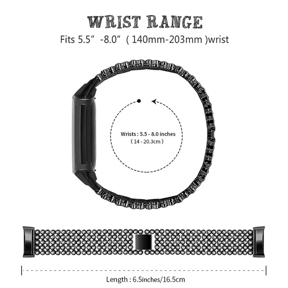 Stainless Steel Rhinestone Decor Replacement Smart Watch Strap Wrist Band for Fitbit Charge 6 / 5 - Black - 4