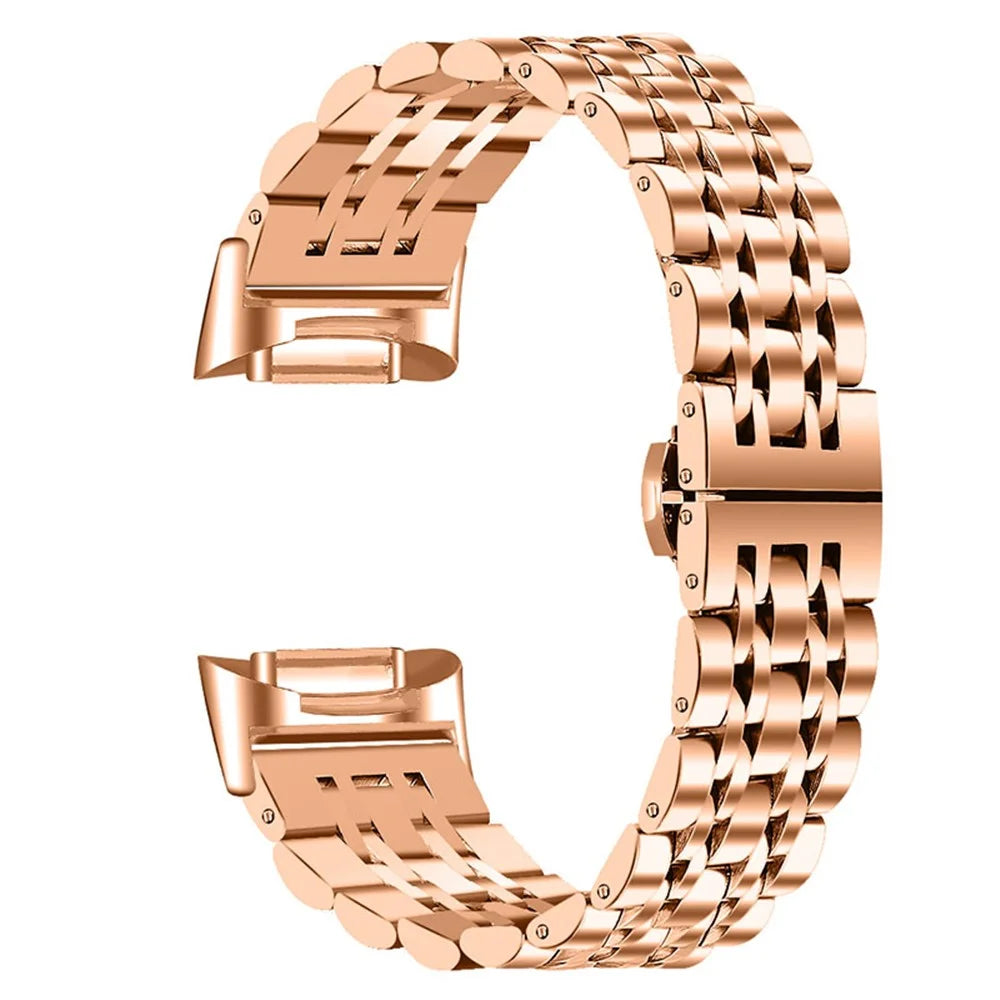 7 Beads Stainless Steel Breathable Replacement Wrist Strap Watch Band for Fitbit Charge 6 / 5 - Rose Gold - 1