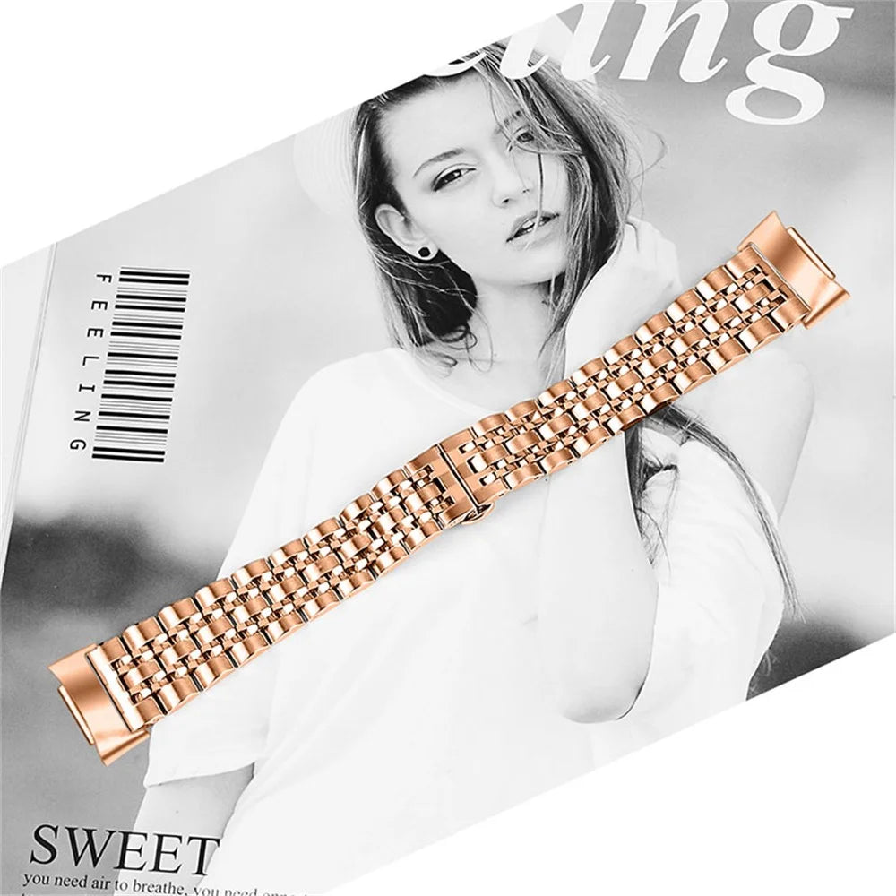 7 Beads Stainless Steel Breathable Replacement Wrist Strap Watch Band for Fitbit Charge 6 / 5 - Rose Gold - 3