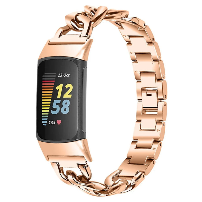 Replacement Watch Band Single Row Chain Watch Strap for Fitbit Charge 6 / 5 - Rose Gold - 2