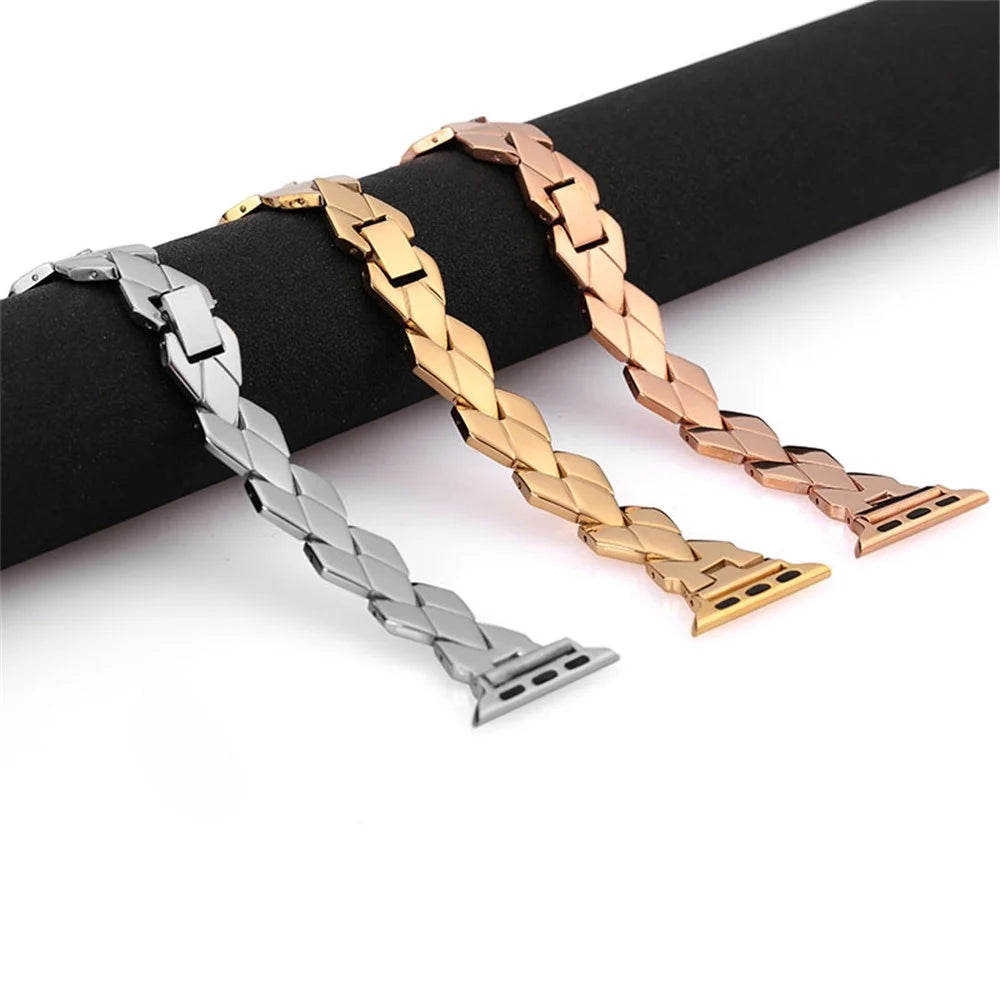 Premium Stainless Steel Rhombus Watch Band Wrist Strap for Apple Watch Series 11 10 42mm / 9 8 7 41mm / SE3 SE2 SE 6 5 4 40mm / 3 2 1 38mm - Gold - 5
