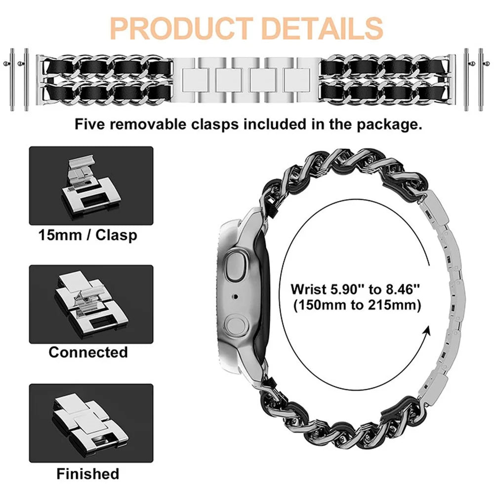 22mm Stainless Steel + PU Leather Chain Watch Band Wrist Strap for Samsung Galaxy Watch3 45mm - Silver/Black Leather - 2