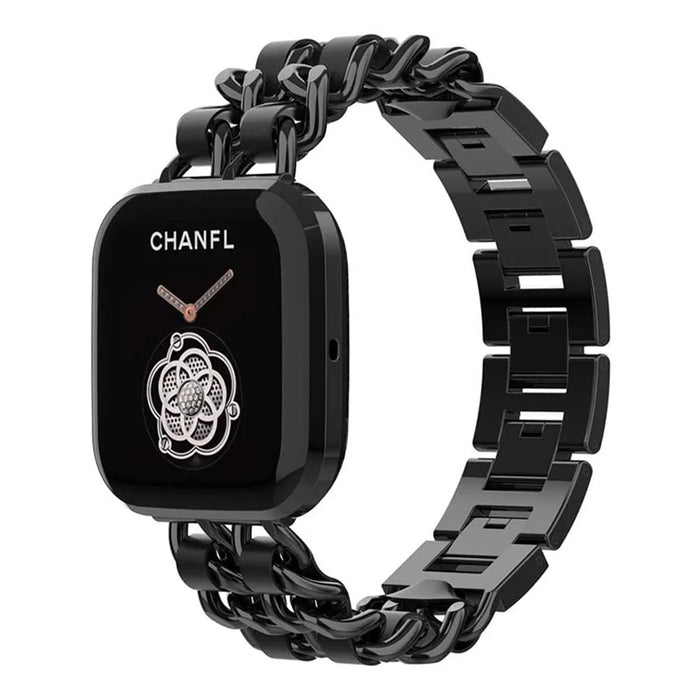 Stainless Steel + PU Leather Chain Watch Band Wrist Strap for Fitbit Versa/Versa 2/Versa Lite/Versa SE - Black/Black Leather - 1