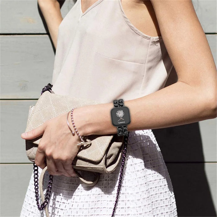 Stainless Steel + PU Leather Chain Watch Band Wrist Strap for Fitbit Versa/Versa 2/Versa Lite/Versa SE - Black/Black Leather - 3