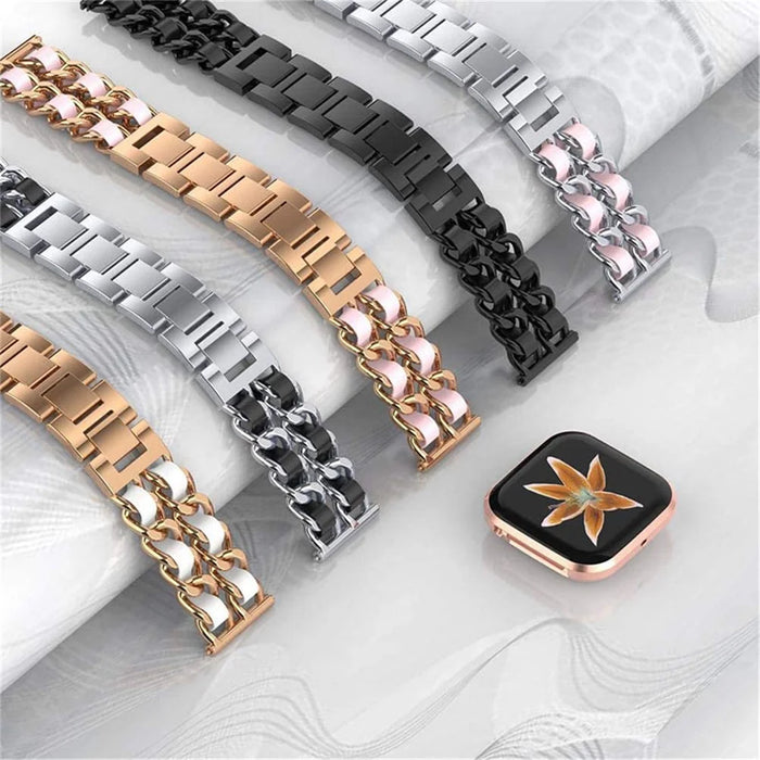 Stainless Steel + PU Leather Chain Watch Band Wrist Strap for Fitbit Versa/Versa 2/Versa Lite/Versa SE - Black/Black Leather - 5