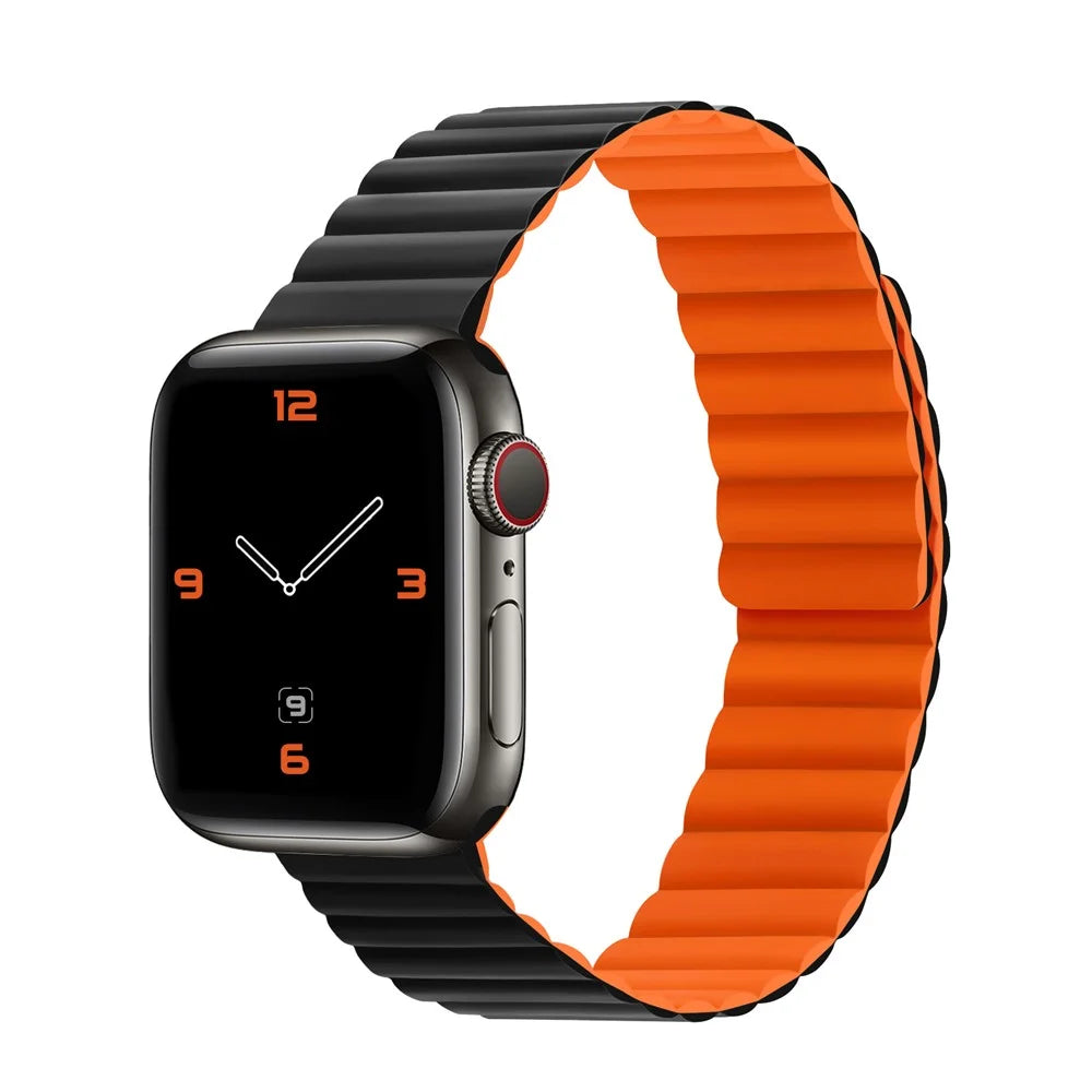 Dual Color Magnetic Silicone Watch Strap Wrist Band for Apple Watch Ultra 3 2 1 49mm / Series 11 10 46mm / 9 8 7 45mm / SE3 SE2 SE 6 5 4 44mm / 3 2 1 42mm - Black / Orange - 2