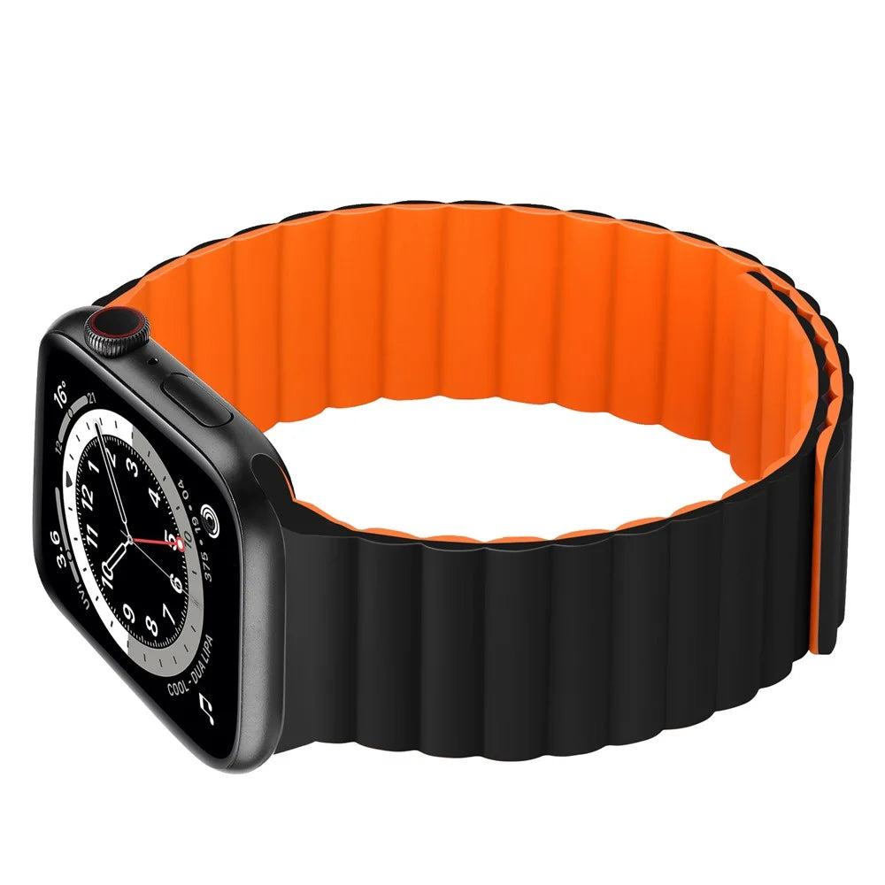 Dual Color Magnetic Silicone Watch Strap Wrist Band for Apple Watch Ultra 3 2 1 49mm / Series 11 10 46mm / 9 8 7 45mm / SE3 SE2 SE 6 5 4 44mm / 3 2 1 42mm - Black / Orange - 3