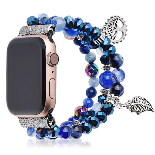 Fashion iWatch Blue Crystal Beaded Bracelet Watchband Strap with Life Tree and Leaf Pendant for Apple Watch Ultra 3 2 1 49mm / Series 11 10 46mm / 9 8 7 45mm / SE3 SE2 SE 6 5 4 44mm / 3 2 1 42mm - 2