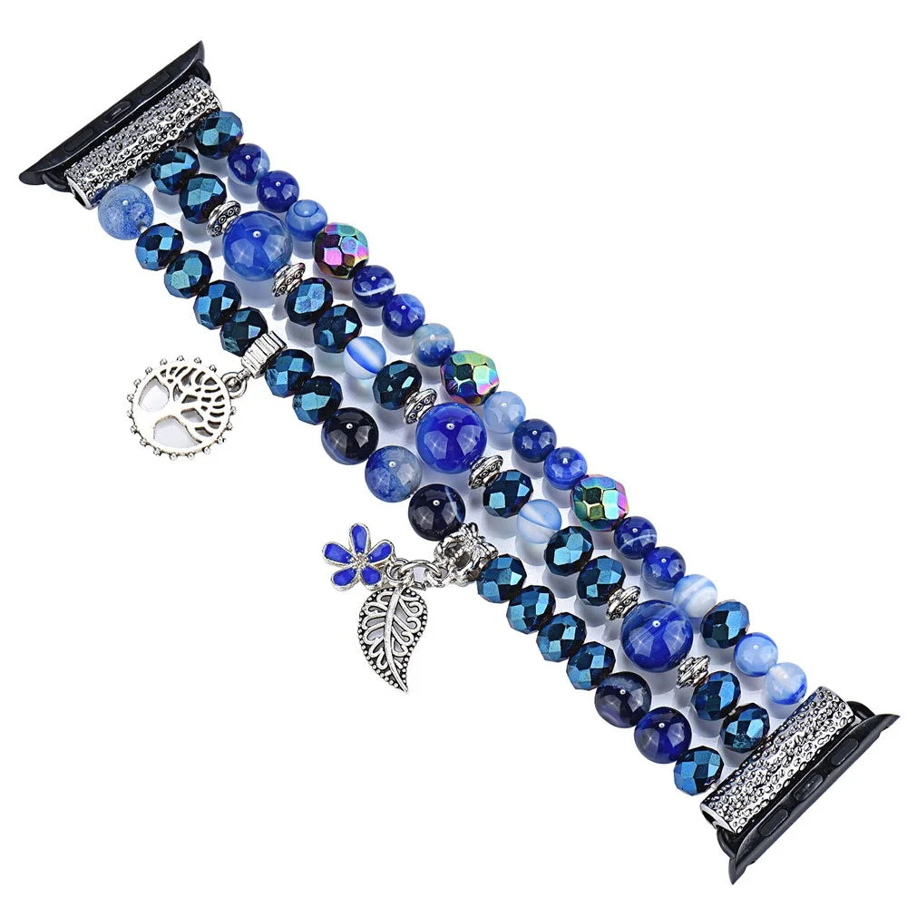 Fashion iWatch Blue Crystal Beaded Bracelet Watchband Strap with Life Tree and Leaf Pendant for Apple Watch Ultra 3 2 1 49mm / Series 11 10 46mm / 9 8 7 45mm / SE3 SE2 SE 6 5 4 44mm / 3 2 1 42mm - 3
