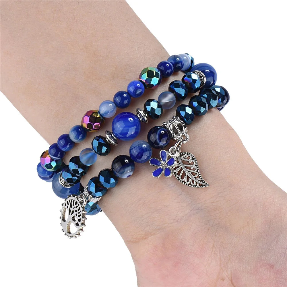 Fashion iWatch Blue Crystal Beaded Bracelet Watchband Strap with Life Tree and Leaf Pendant for Apple Watch Ultra 3 2 1 49mm / Series 11 10 46mm / 9 8 7 45mm / SE3 SE2 SE 6 5 4 44mm / 3 2 1 42mm - 4