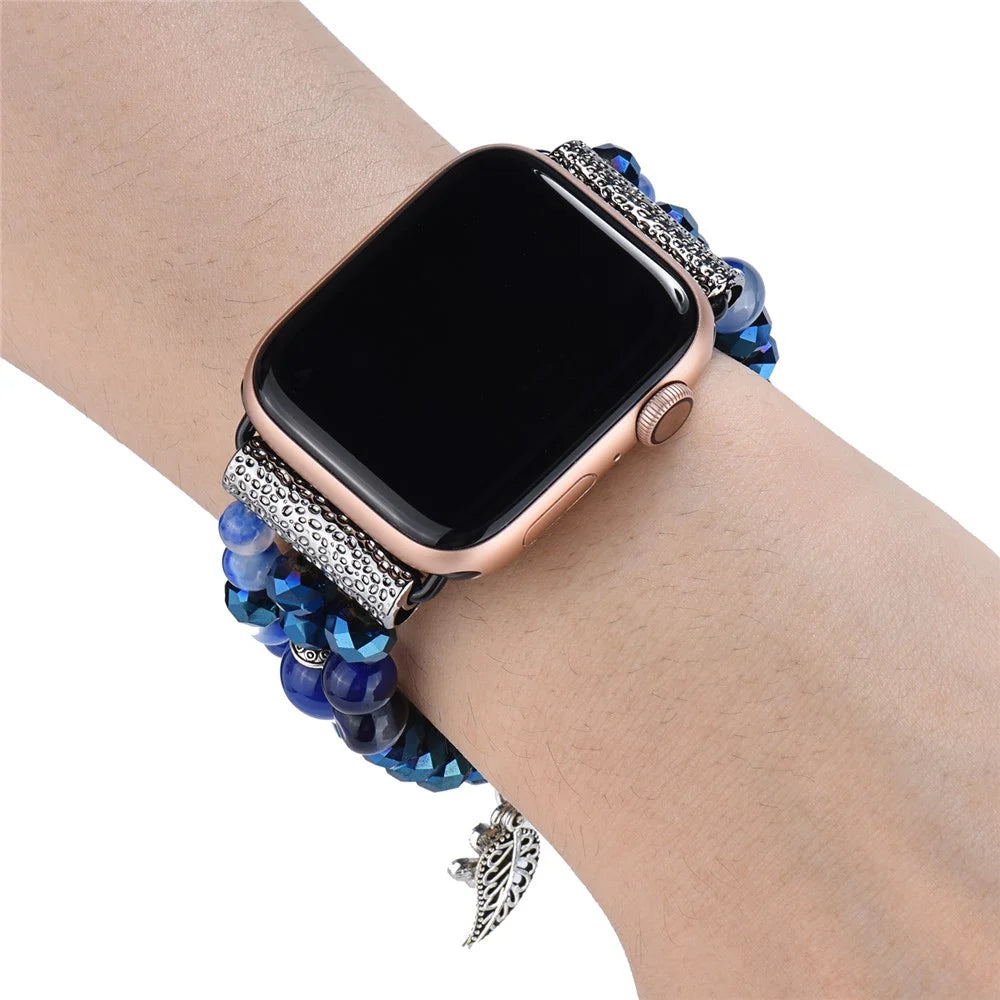 Fashion iWatch Blue Crystal Beaded Bracelet Watchband Strap with Life Tree and Leaf Pendant for Apple Watch Ultra 3 2 1 49mm / Series 11 10 46mm / 9 8 7 45mm / SE3 SE2 SE 6 5 4 44mm / 3 2 1 42mm - 5