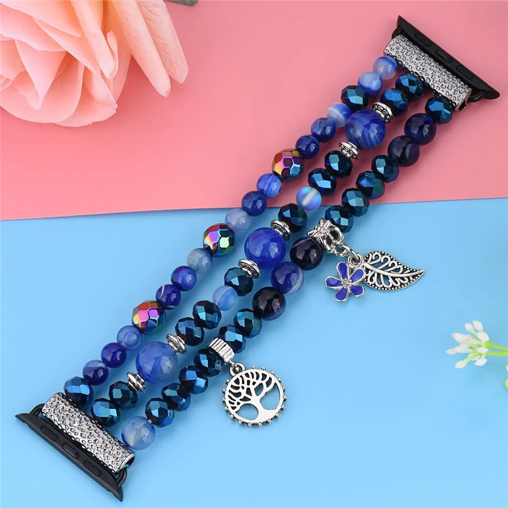 Fashion iWatch Blue Crystal Beaded Bracelet Watchband Strap with Life Tree and Leaf Pendant for Apple Watch Ultra 3 2 1 49mm / Series 11 10 46mm / 9 8 7 45mm / SE3 SE2 SE 6 5 4 44mm / 3 2 1 42mm - 7