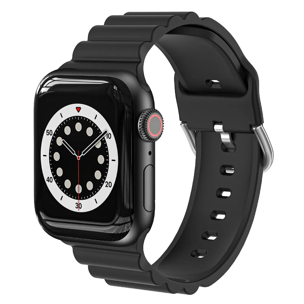 Horizontal Stripes Watch Band Silicone Adjustable Wrist Strap Replacement for Apple Watch Series 11 10 42mm / 9 8 7 41mm / SE3 SE2 SE 6 5 4 40mm / 3 2 1 38mm - Black - 2