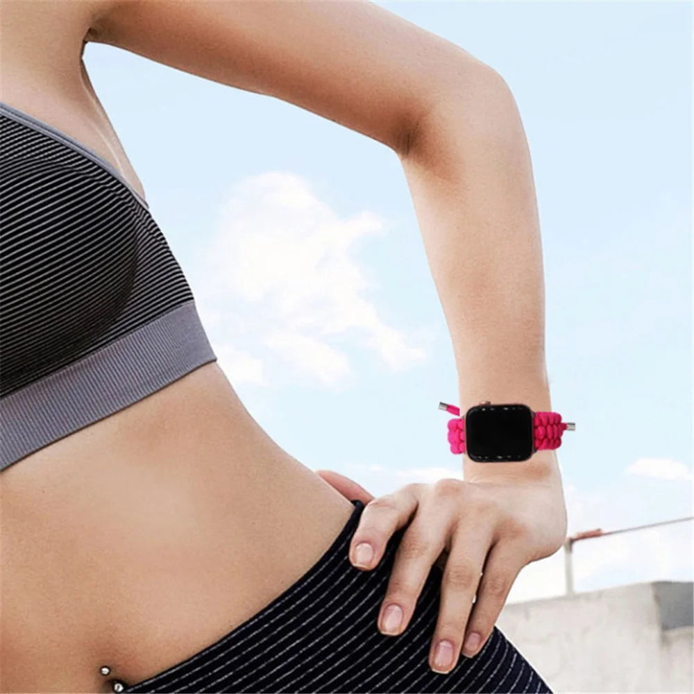 Pulling Adjustable Braided Rope Wrist Strap Replacement Watch Band for Apple Watch Series 11 10 42mm / 9 8 7 41mm / SE3 SE2 SE 6 5 4 40mm / 3 2 1 38mm - Pink - 3