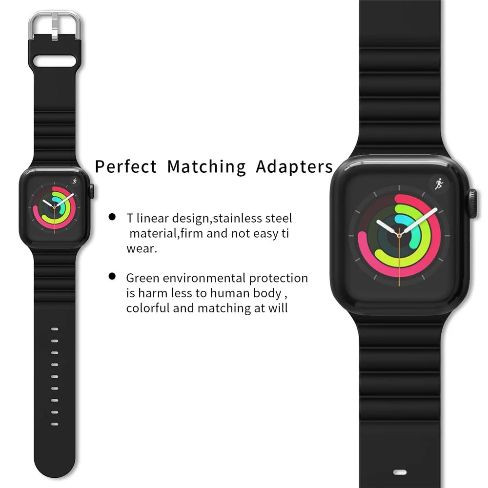 Business Horizontal Stripes Adjustable Silicone Watch Band Strap for Apple Watch Ultra 3 2 1 49mm / Series 11 10 46mm / 9 8 7 45mm / SE3 SE2 SE 6 5 4 44mm / 3 2 1 42mm - Black - 3
