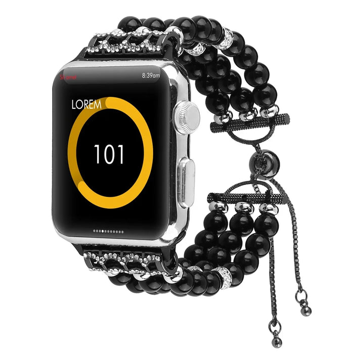 Fashionable Agate Pearl Smart Bracelet Smart Watch Strap for Apple Watch Ultra 3 2 1 49mm / Series 11 10 46mm / 9 8 7 45mm / SE3 SE2 SE 6 5 4 44mm / 3 2 1 42mm - Pearl / Black - 2