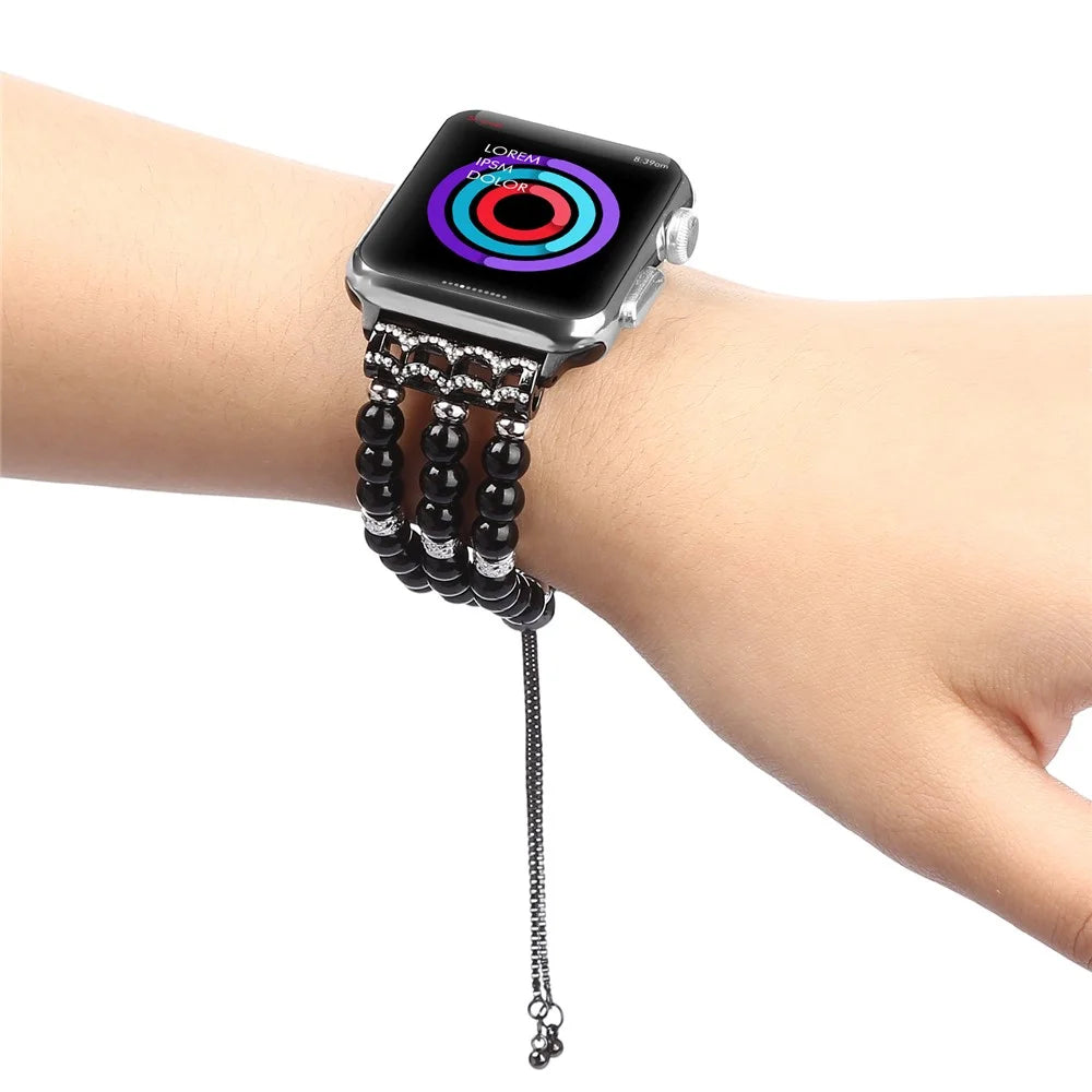 Fashionable Agate Pearl Smart Bracelet Smart Watch Strap for Apple Watch Ultra 3 2 1 49mm / Series 11 10 46mm / 9 8 7 45mm / SE3 SE2 SE 6 5 4 44mm / 3 2 1 42mm - Pearl / Black - 3