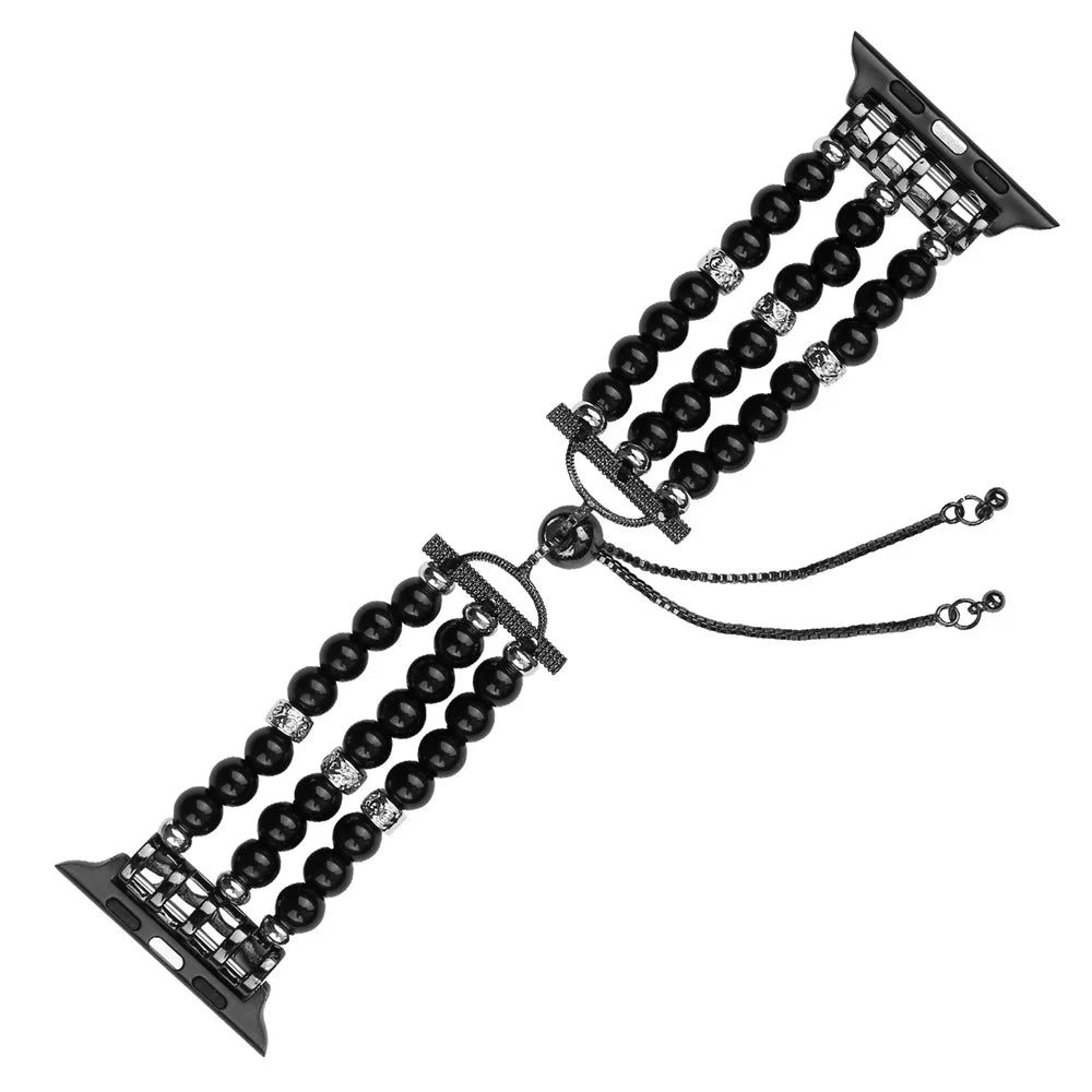 Fashionable Agate Pearl Smart Bracelet Smart Watch Strap for Apple Watch Ultra 3 2 1 49mm / Series 11 10 46mm / 9 8 7 45mm / SE3 SE2 SE 6 5 4 44mm / 3 2 1 42mm - Pearl / Black - 5