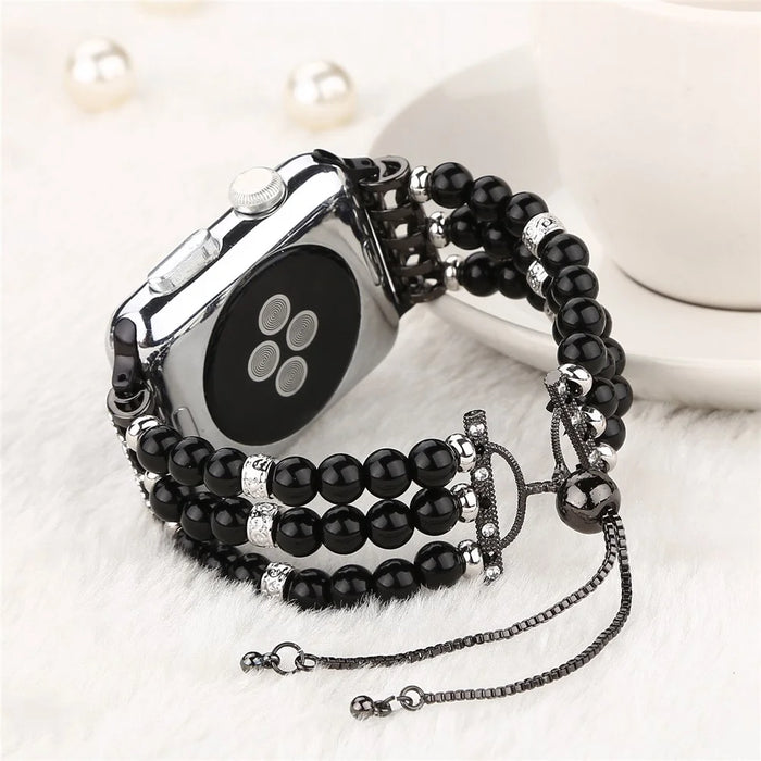 Fashionable Agate Pearl Smart Bracelet Smart Watch Strap for Apple Watch Ultra 3 2 1 49mm / Series 11 10 46mm / 9 8 7 45mm / SE3 SE2 SE 6 5 4 44mm / 3 2 1 42mm - Pearl / Black - 7