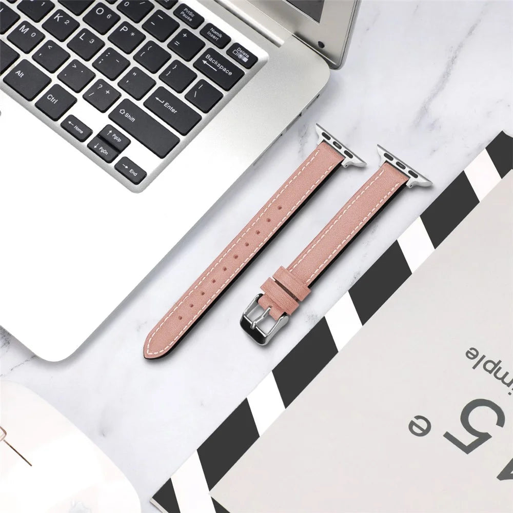 Retro Genuine Leather Narrow Wrist Strap Adjustable Watch Band for Apple Watch Series 11 10 42mm / 9 8 7 41mm / SE3 SE2 SE 6 5 4 40mm / 3 2 1 38mm - Light Pink - 4