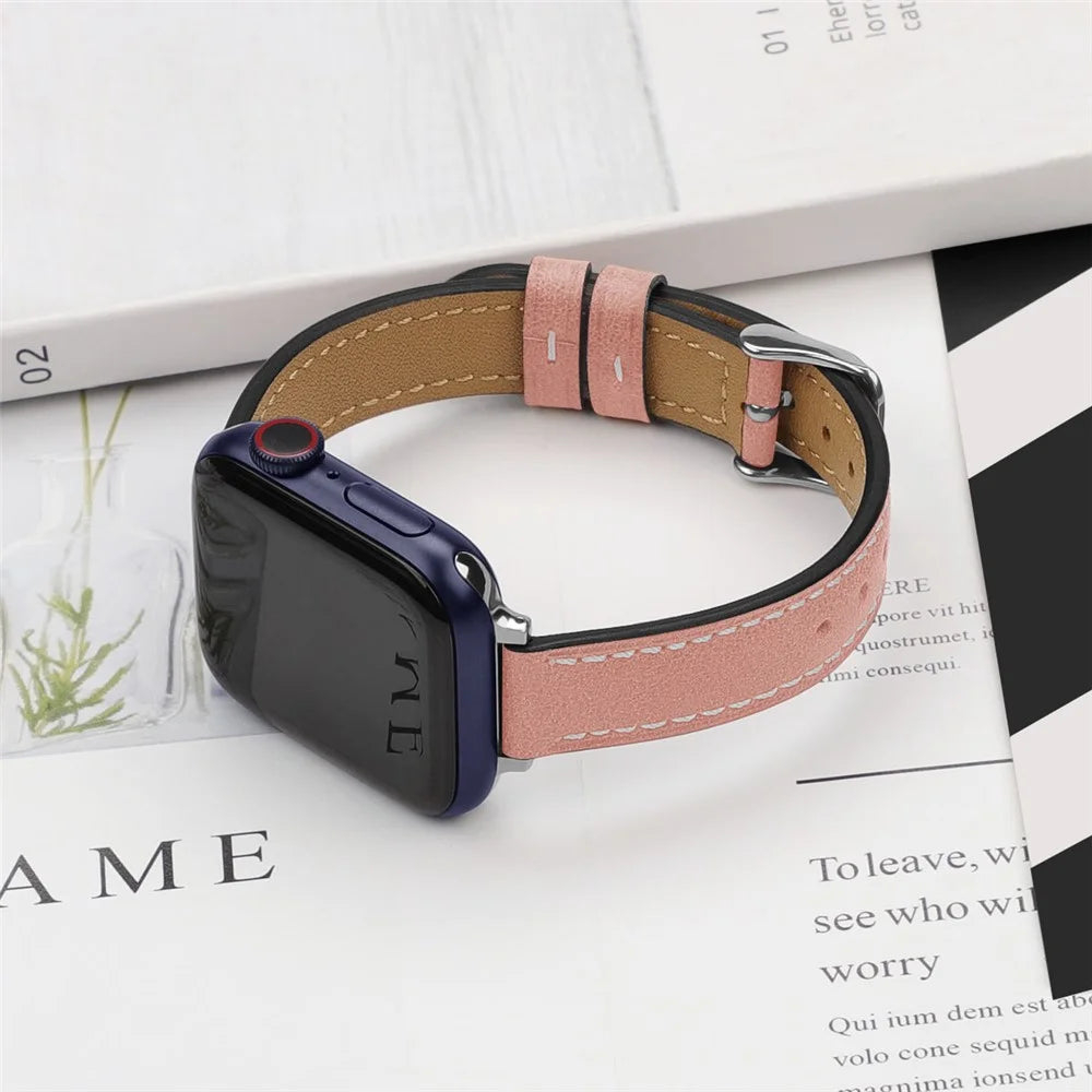 Retro Genuine Leather Narrow Wrist Strap Adjustable Watch Band for Apple Watch Series 11 10 42mm / 9 8 7 41mm / SE3 SE2 SE 6 5 4 40mm / 3 2 1 38mm - Light Pink - 5