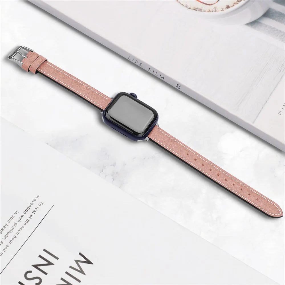 Retro Genuine Leather Narrow Wrist Strap Adjustable Watch Band for Apple Watch Series 11 10 42mm / 9 8 7 41mm / SE3 SE2 SE 6 5 4 40mm / 3 2 1 38mm - Light Pink - 6