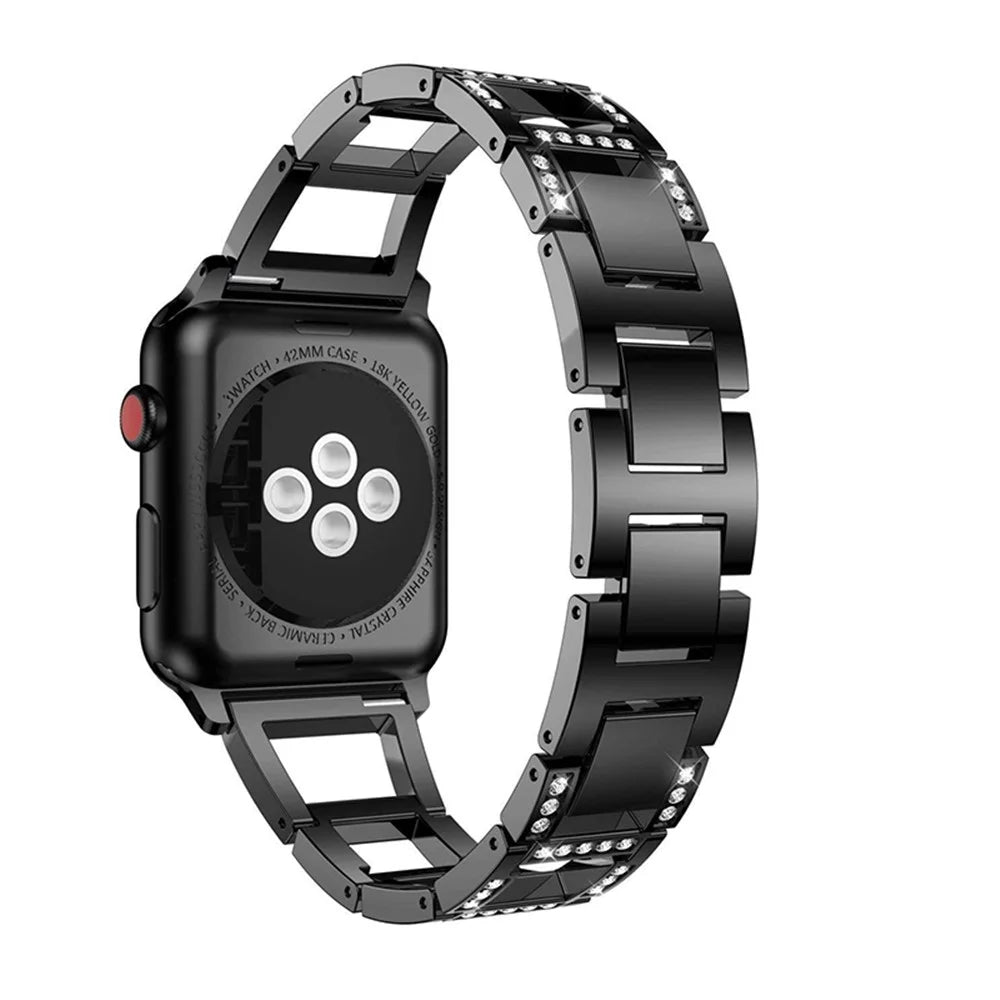 Trapezoid Design Rhinestones Decor Metal Wrist Strap Replacement Watchband for Apple Watch Ultra 2 49mm / Series 9 45mm / SE (2023) 44mm / Ultra 49mm / Series 8 45mm / 7 45mm / Series 6 / 5 / 4 / SE 44mm / SE (2022) 44mm / Series 3 / 2 / 1 42mm - Black - 1