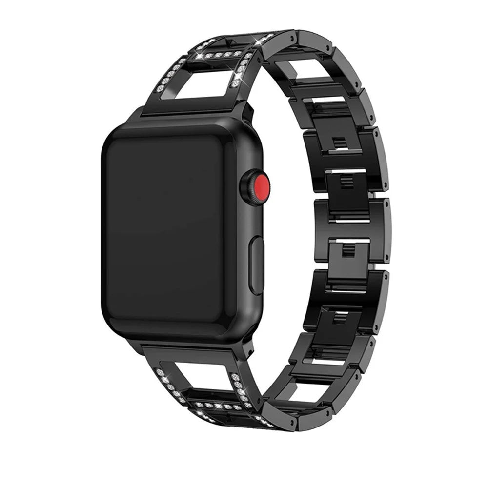 Trapezoid Design Rhinestones Decor Metal Wrist Strap Replacement Watchband for Apple Watch Ultra 2 49mm / Series 9 45mm / SE (2023) 44mm / Ultra 49mm / Series 8 45mm / 7 45mm / Series 6 / 5 / 4 / SE 44mm / SE (2022) 44mm / Series 3 / 2 / 1 42mm - Black - 2