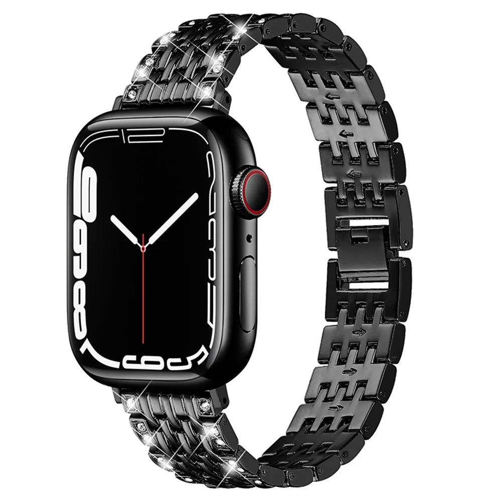 2 Rows Rhinestones Decor Metal Smart Watch Wrist Band Replacement Strap for Apple Watch Ultra 2 49mm / Series 9 45mm / SE (2023) 44mm / Ultra 49mm / Series 8 45mm / 7 45mm / Series 6 / 5 / 4 / SE 44mm / SE (2022) 44mm / Series 3 / 2 / 1 42mm - Black - 2