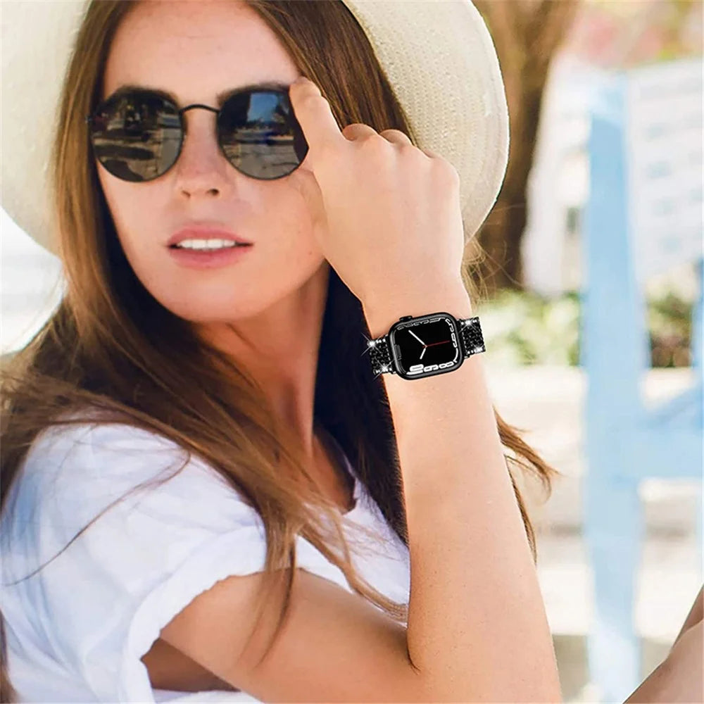2 Rows Rhinestones Decor Metal Smart Watch Wrist Band Replacement Strap for Apple Watch Ultra 2 49mm / Series 9 45mm / SE (2023) 44mm / Ultra 49mm / Series 8 45mm / 7 45mm / Series 6 / 5 / 4 / SE 44mm / SE (2022) 44mm / Series 3 / 2 / 1 42mm - Black - 5