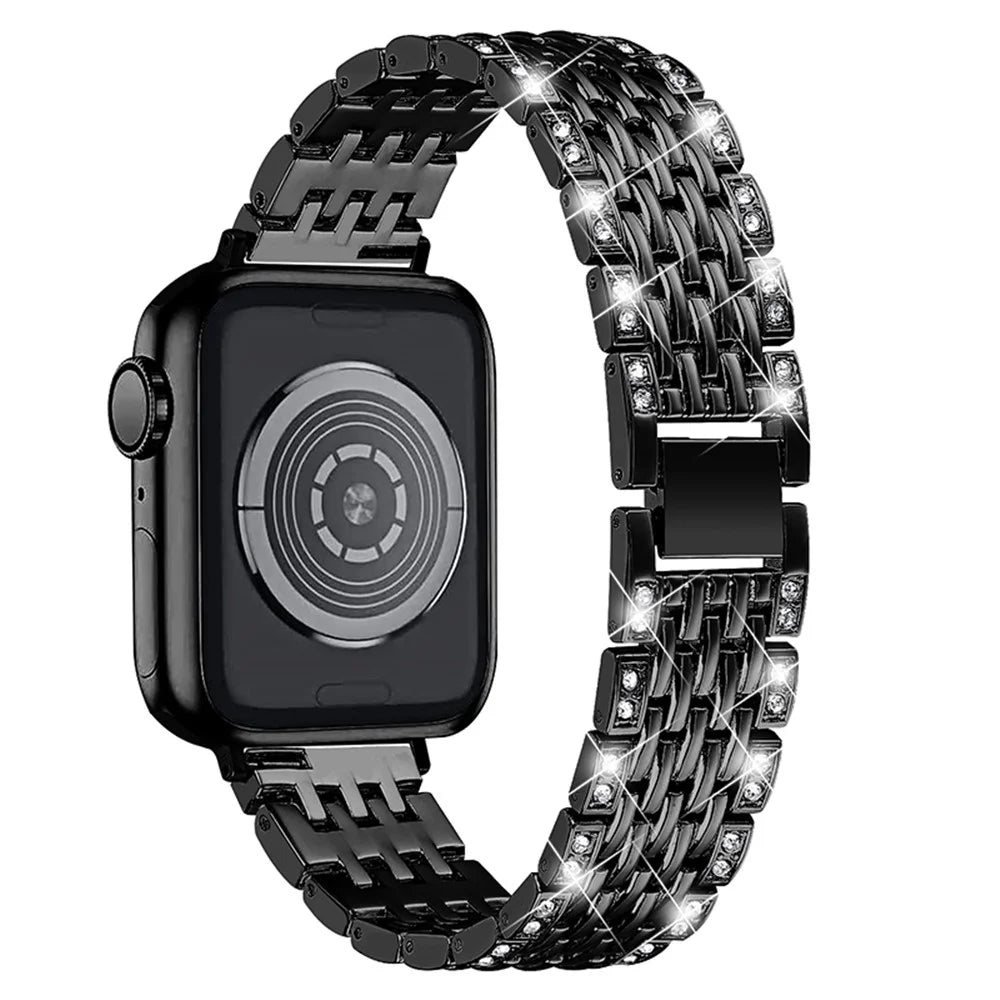 2 Rows Rhinestones Decor Replacement Metal Watchband Wrist Strap for Apple Watch Series 9 / 8 / 7 41mm / 6 / 5 / 4 / SE (2023) / SE(2022) / SE 40mm / 3 / 2 / 1 38mm - Black - 1