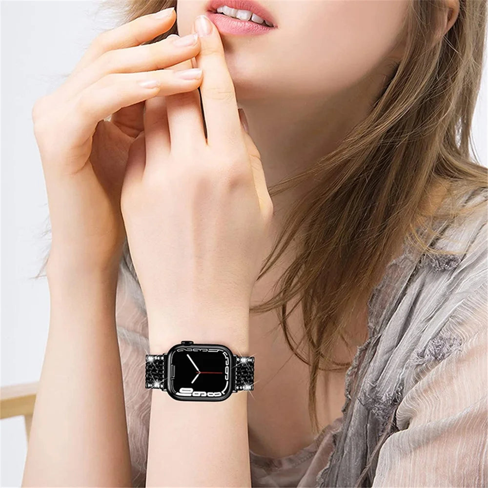 2 Rows Rhinestones Decor Replacement Metal Watchband Wrist Strap for Apple Watch Series 9 / 8 / 7 41mm / 6 / 5 / 4 / SE (2023) / SE(2022) / SE 40mm / 3 / 2 / 1 38mm - Black - 4