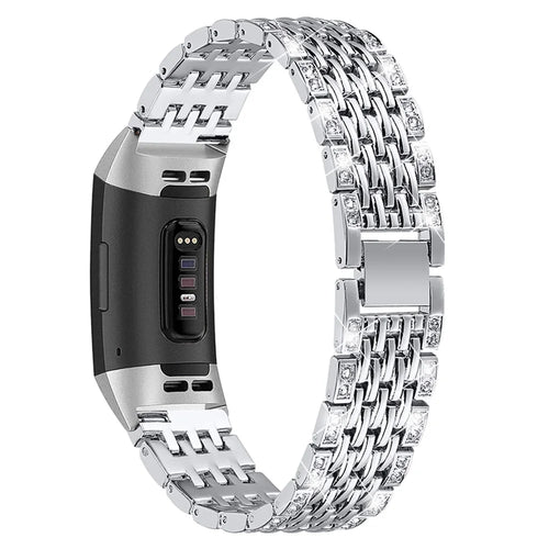 2 Rows Rhinestones Decor Replacement Anti-sweat Metal Watchband Wrist Strap for Fitbit Charge 3/Charge 3 SE/Charge 4- Silver - 1