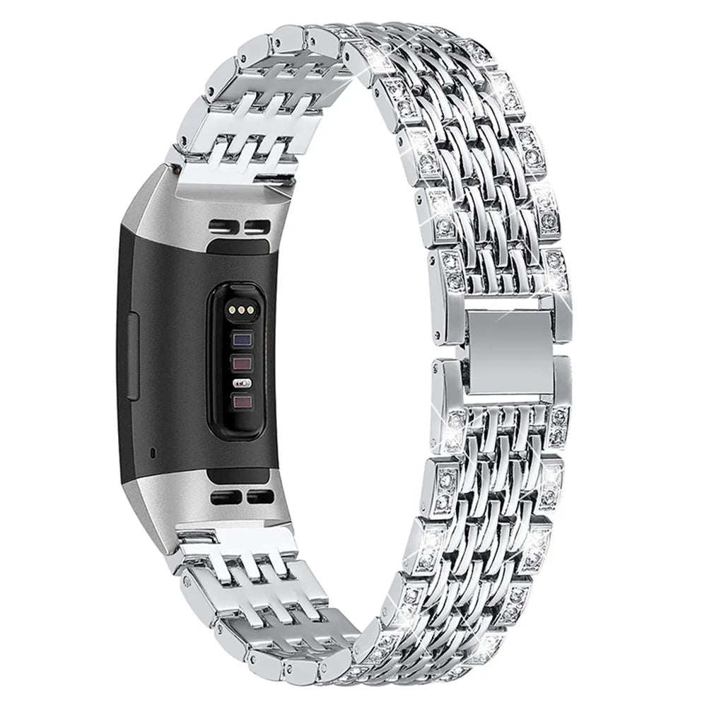 2 Rows Rhinestones Decor Replacement Anti-sweat Metal Watchband Wrist Strap for Fitbit Charge 3/Charge 3 SE/Charge 4- Silver - 1