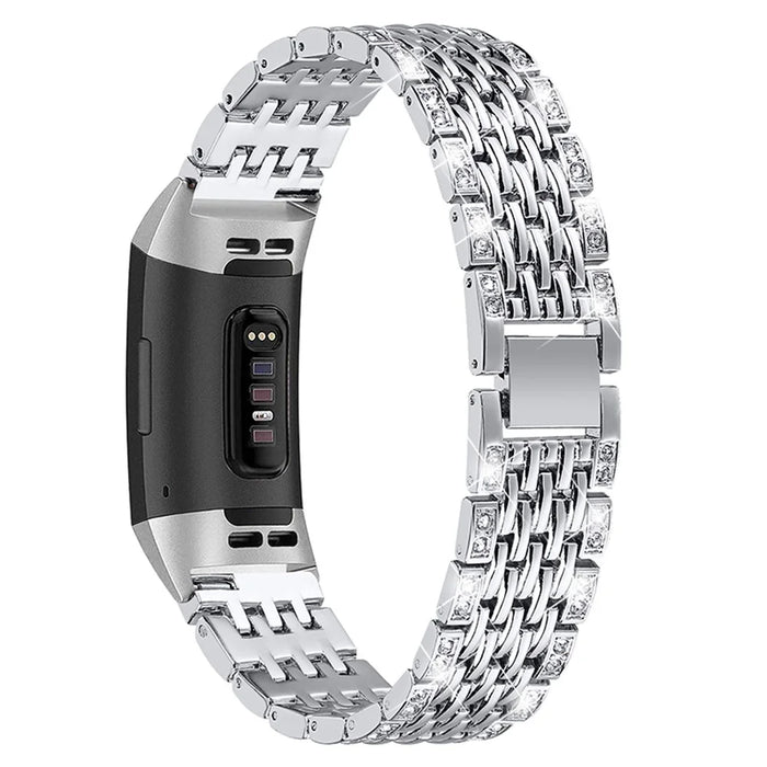 2 Rows Rhinestones Decor Replacement Anti-sweat Metal Watchband Wrist Strap for Fitbit Charge 3/Charge 3 SE/Charge 4- Silver - 1