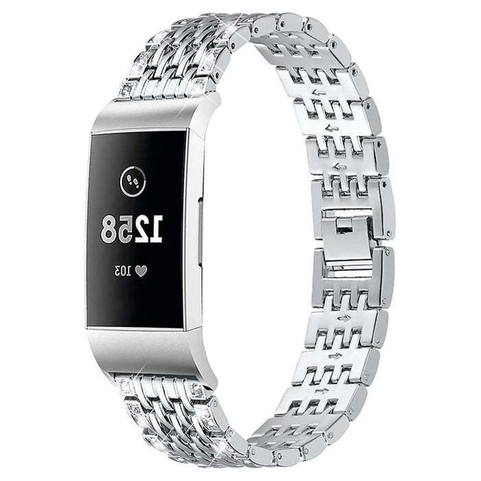 2 Rows Rhinestones Decor Replacement Anti-sweat Metal Watchband Wrist Strap for Fitbit Charge 3/Charge 3 SE/Charge 4- Silver - 2