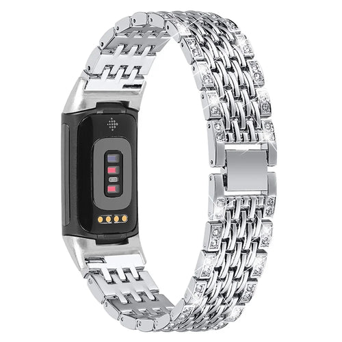 Stylish 2 Rows Rhinestones Decor Replacement Metal Watchband Wrist Strap for Fitbit Charge 6 / 5 - Silver - 1
