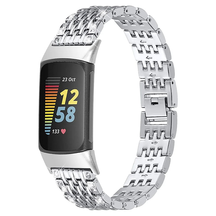 Stylish 2 Rows Rhinestones Decor Replacement Metal Watchband Wrist Strap for Fitbit Charge 6 / 5 - Silver - 2