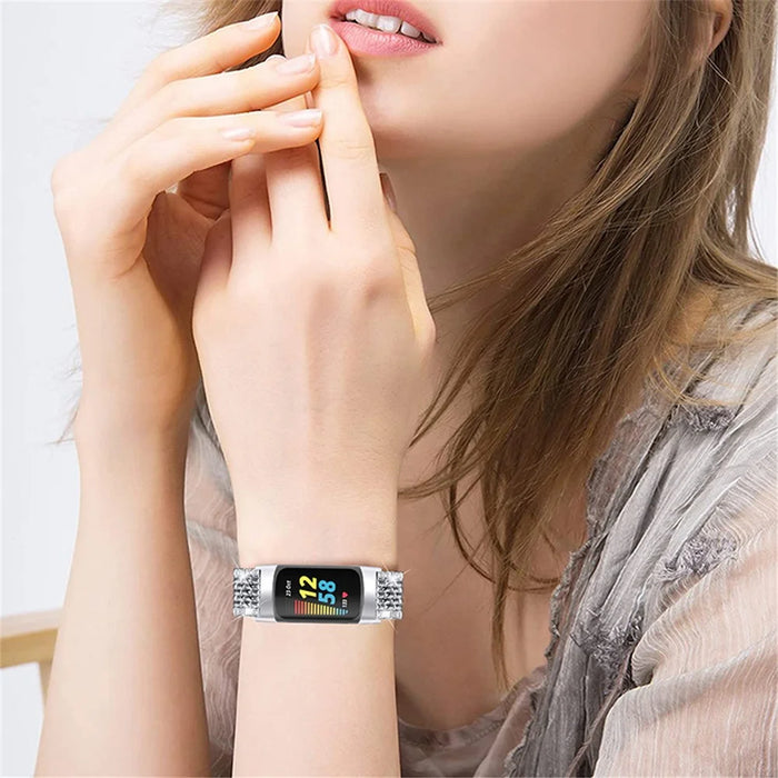 Stylish 2 Rows Rhinestones Decor Replacement Metal Watchband Wrist Strap for Fitbit Charge 6 / 5 - Silver - 5