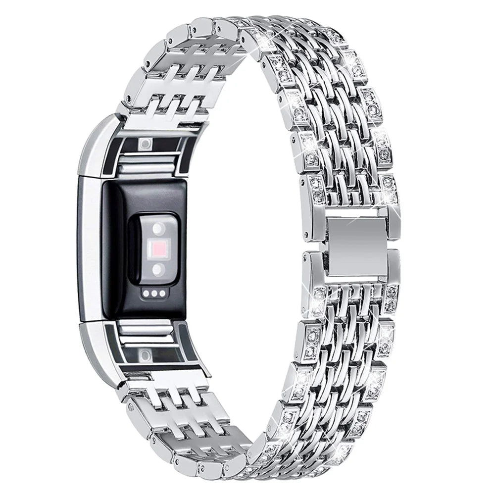 2 Rows Fashionable Rhinestones Decor Replacement Metal Watchband Wrist Strap for Fitbit Charge 2/Charge 2 HR - Silver - 2