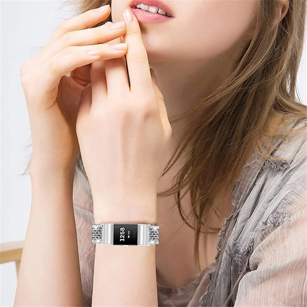 2 Rows Fashionable Rhinestones Decor Replacement Metal Watchband Wrist Strap for Fitbit Charge 2/Charge 2 HR - Silver - 5