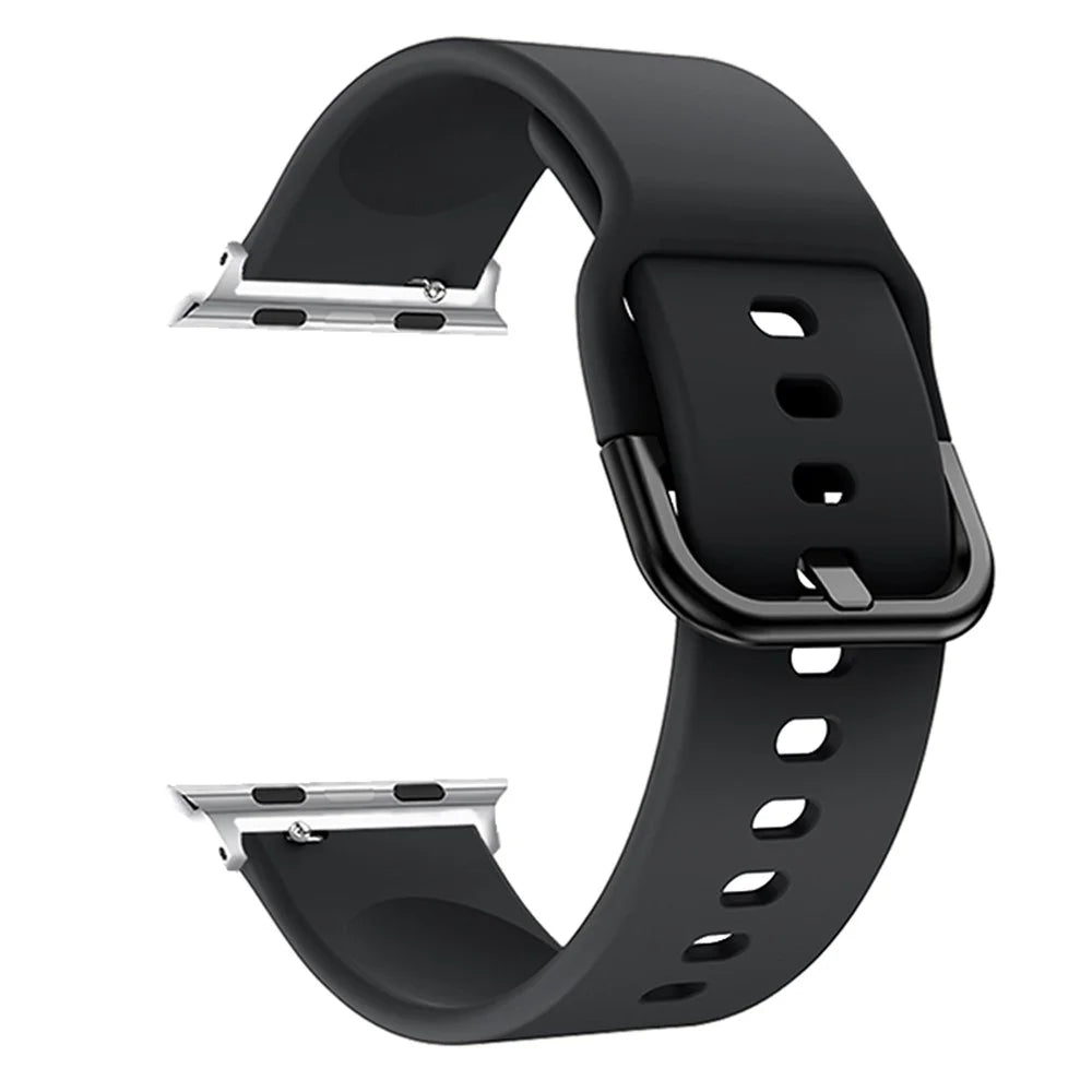 For Apple Watch Ultra 3 2 1 49mm / Series 11 10 46mm / 9 8 7 45mm / SE3 SE2 SE 6 5 4 44mm / 3 2 1 42mm Adjustable Silicone Watch Band Replacement Strap with Active Iron Buckle - Black - 3