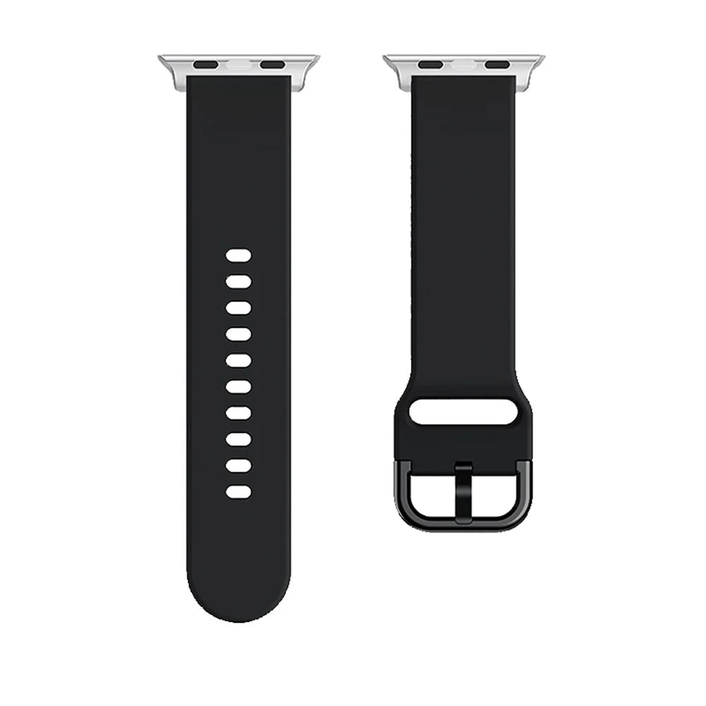 For Apple Watch Ultra 3 2 1 49mm / Series 11 10 46mm / 9 8 7 45mm / SE3 SE2 SE 6 5 4 44mm / 3 2 1 42mm Adjustable Silicone Watch Band Replacement Strap with Active Iron Buckle - Black - 5