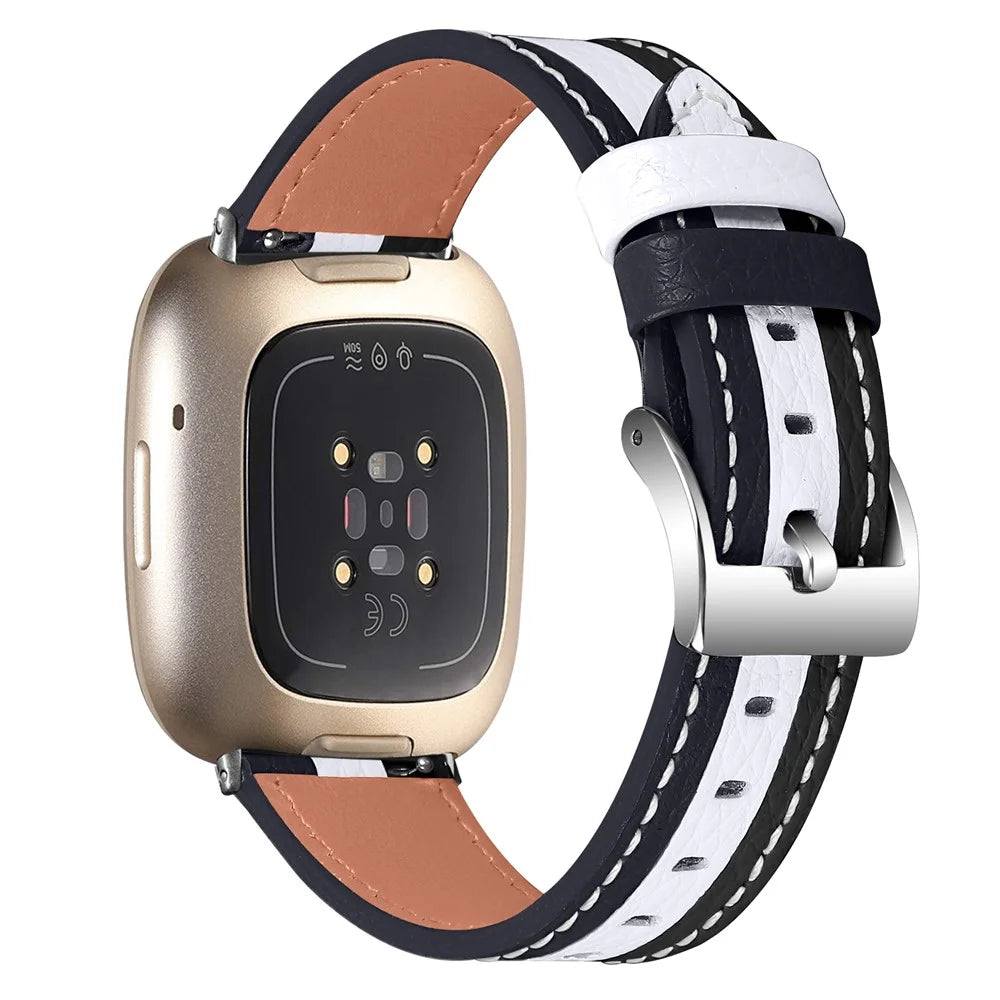 For Fitbit Versa 3/Sense Splicing Design Wrist Strap Top Layer Cowhide Leather Replacement Watch Band - Black/White - 1